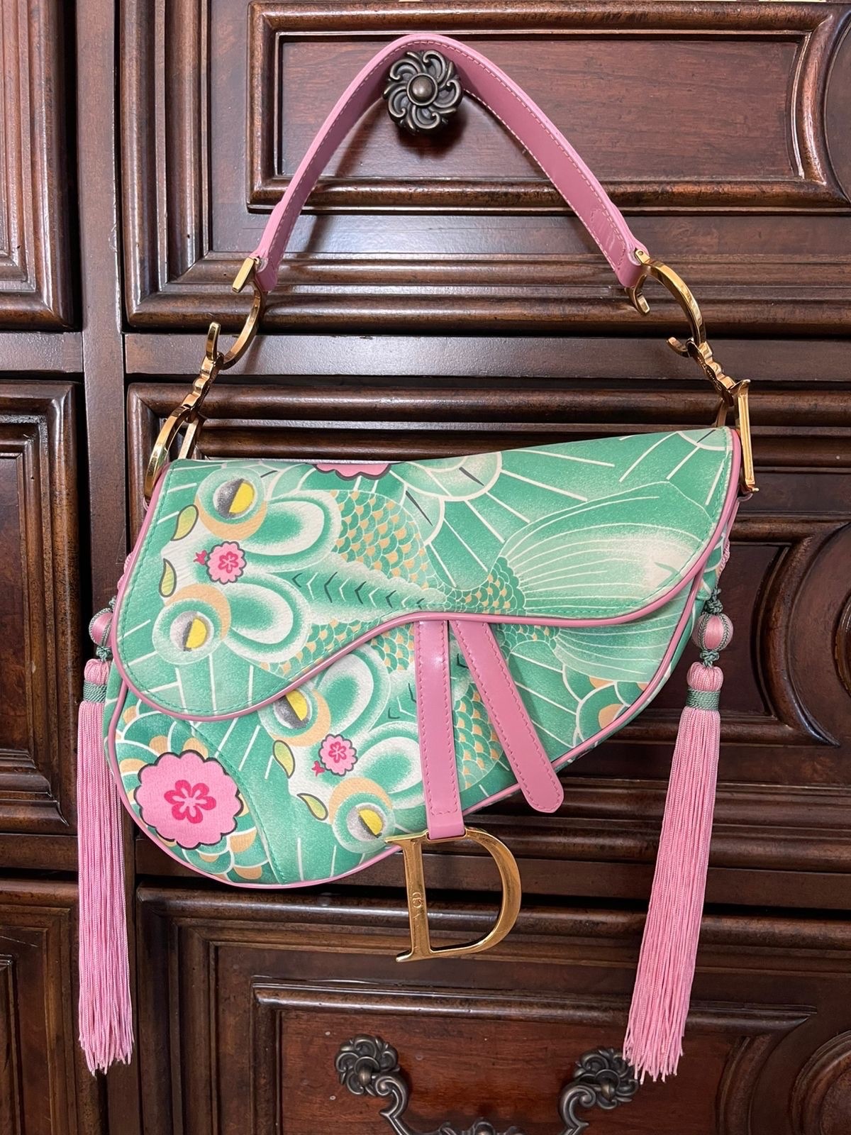Vintage Dior by Galliano 2003 Koi Fish Satin Saddle Green Pink