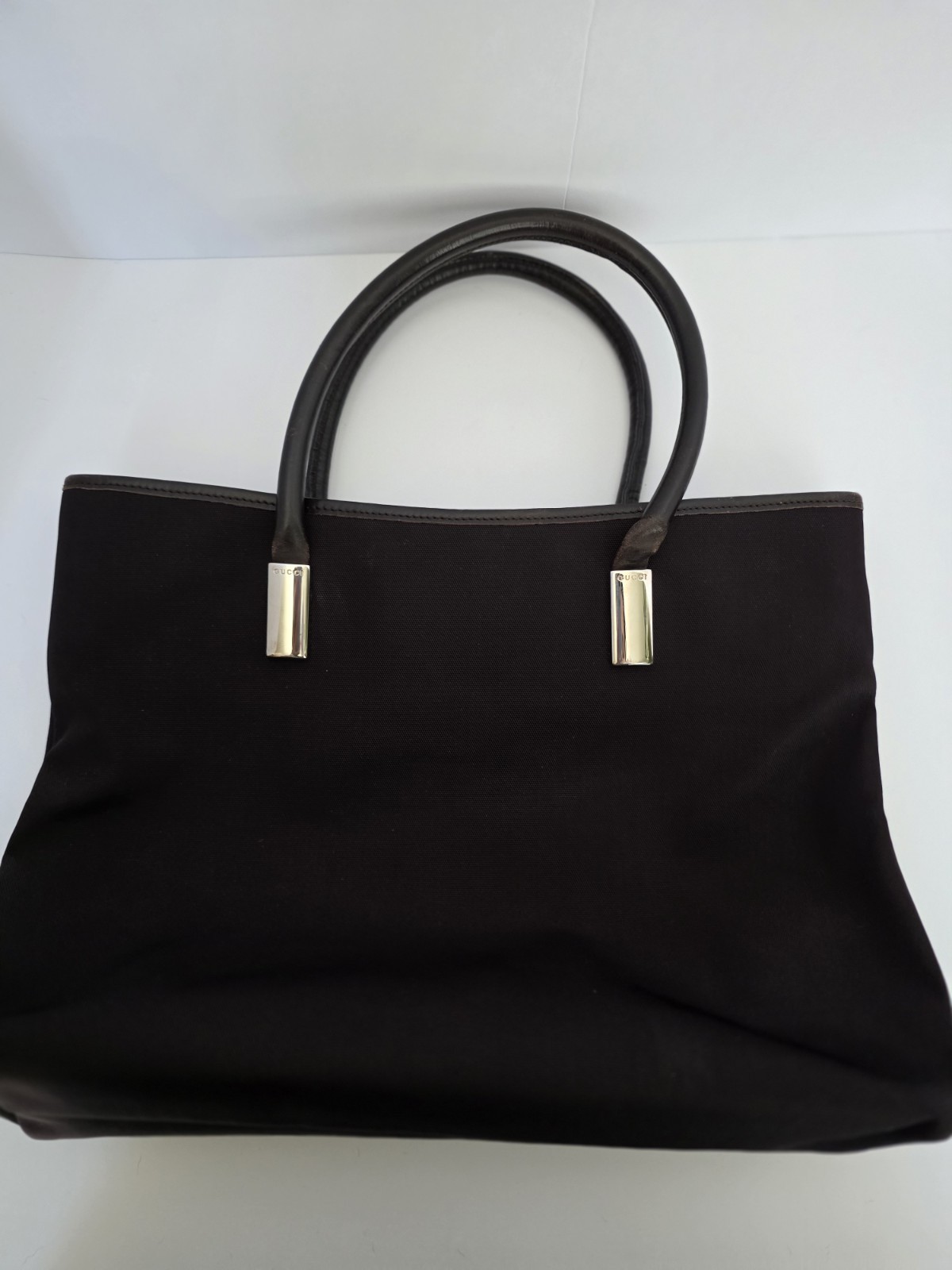 GUCCI Brown Nylon Leather Trim Tote Bag Logo Vintage 0457