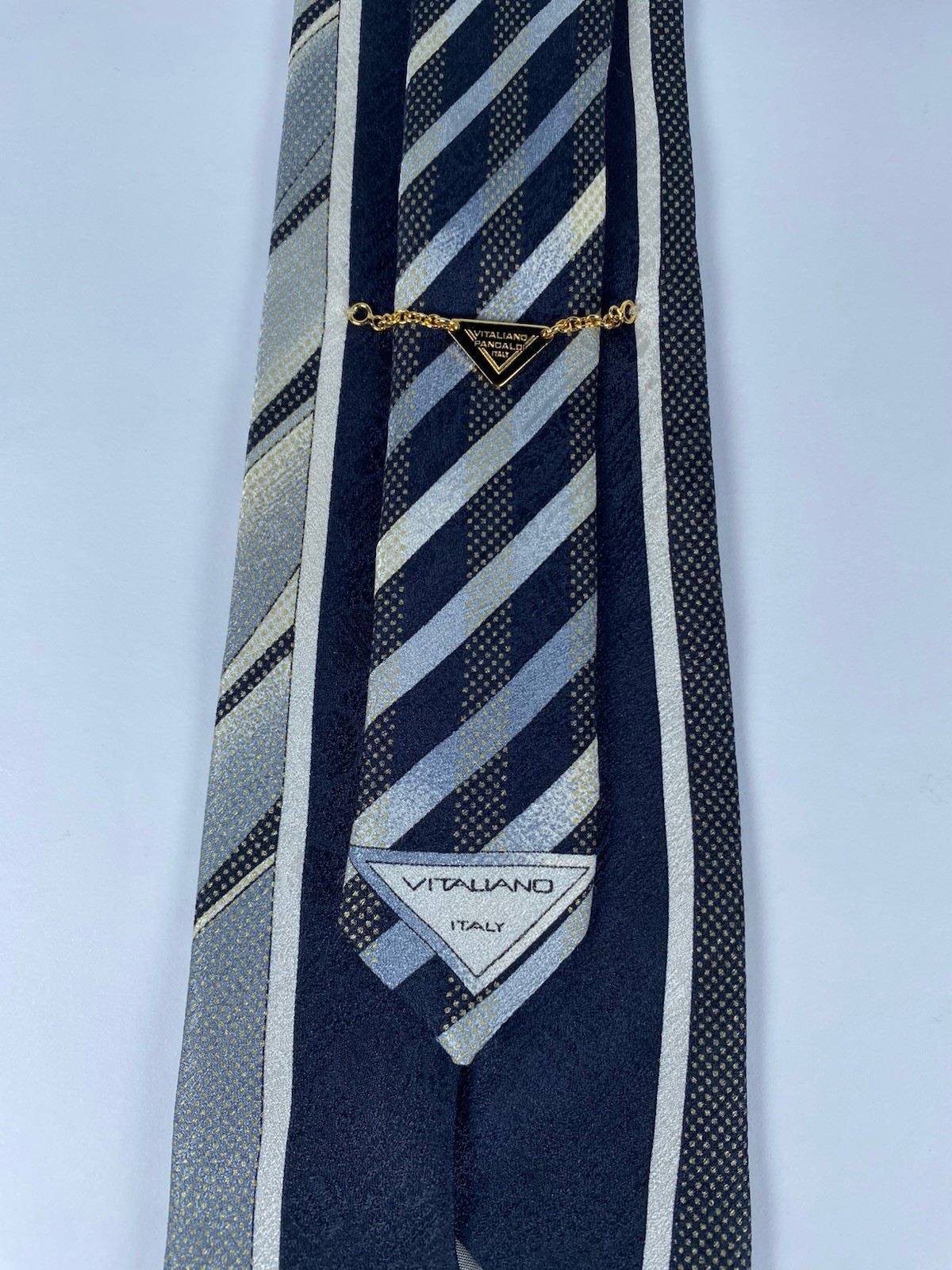 Vtg Vitaliano PANCALDI Silk Tie Italy XL 62″ Wide 4.8″ Abstract Silver Blue Gold