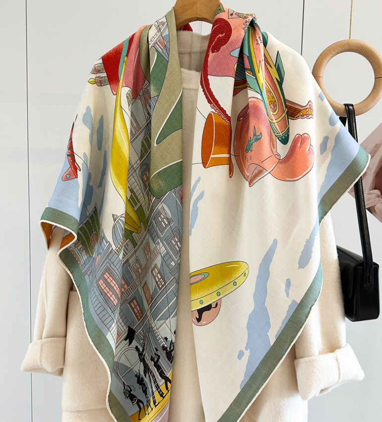 70% Cashmere 30% Silk Wrap Scarf Horse Print Double Face Print Shawl 135X135cm