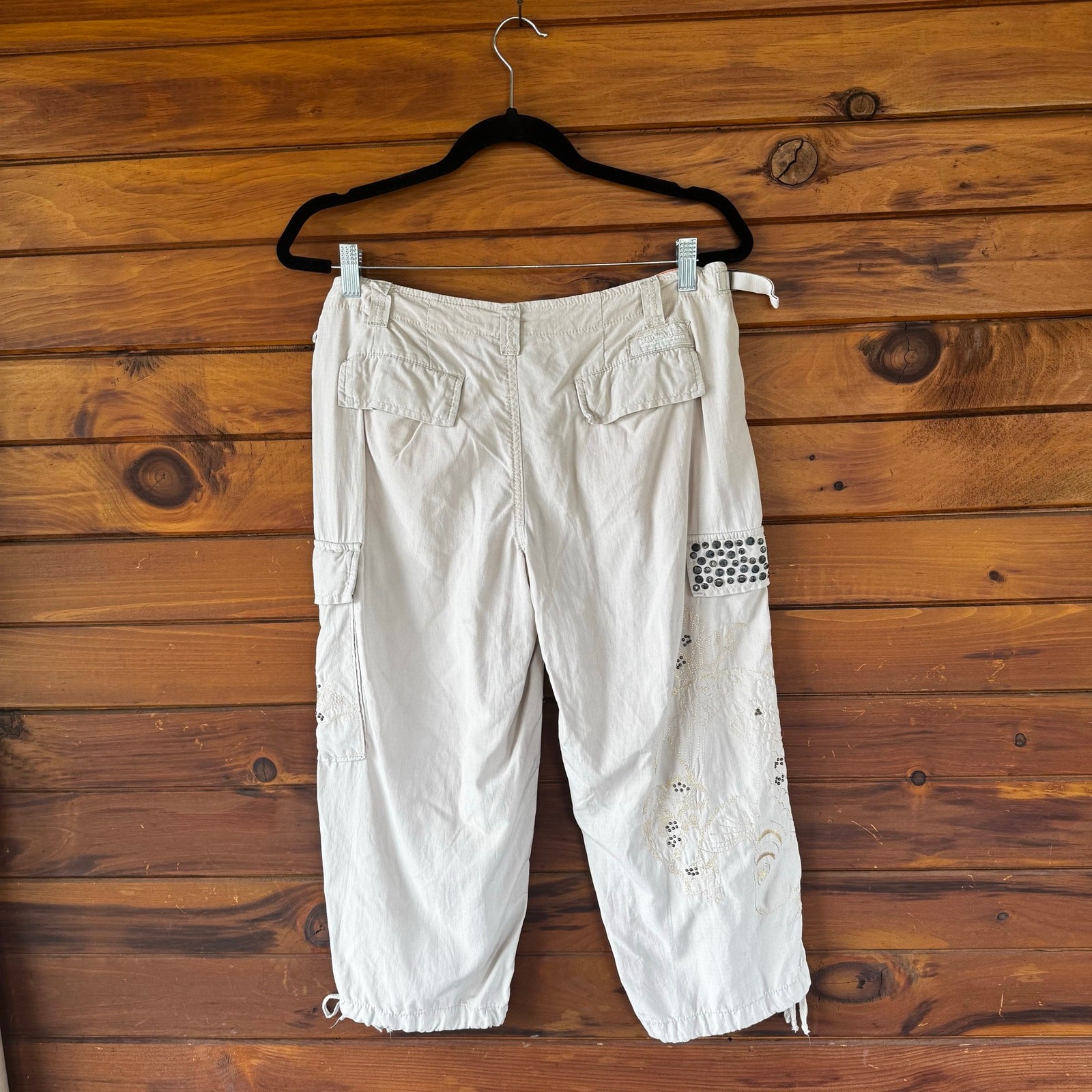 VTG Y2K DANANG Masti Oat Silk Medium Rise Embroidered Cargo Capri Pants Size M