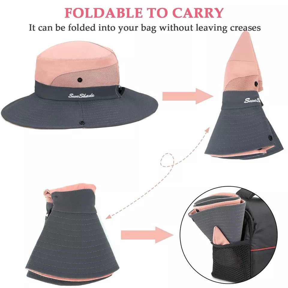 Women’s Summer Bucket Hat Travel Boonie Ponytail Wide Brim Sun UV Protection Cap