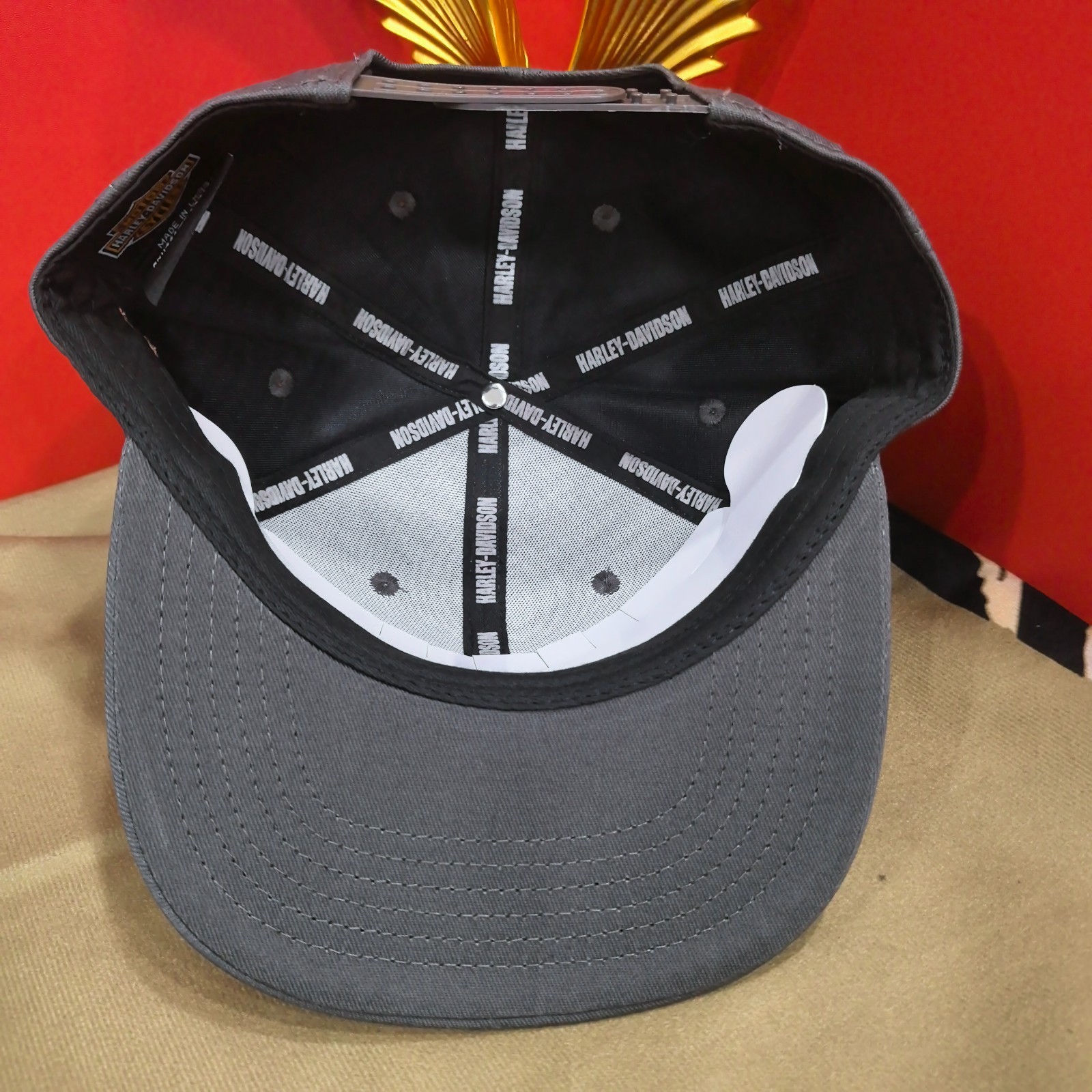 Harley-Davidson Orange-Bordered Patch Logo Flat-Brim Cap Gray Adjustable