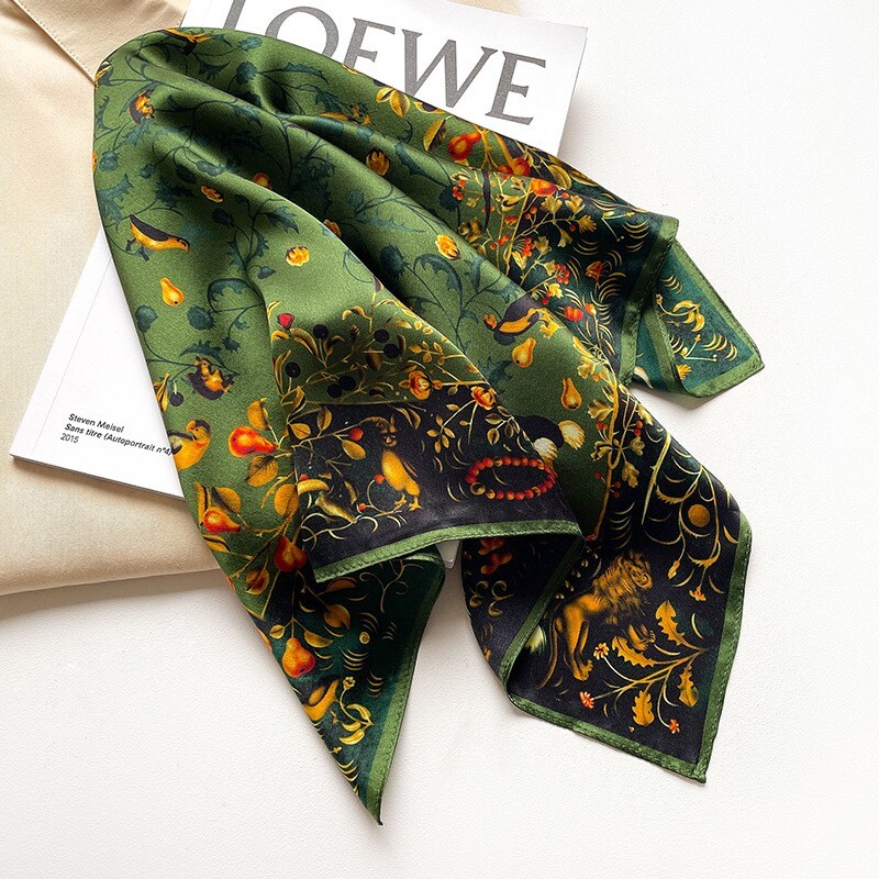 100% Mulberry Silk 20″ Square Scarf Women neckerchief Wrap Birds Print Green