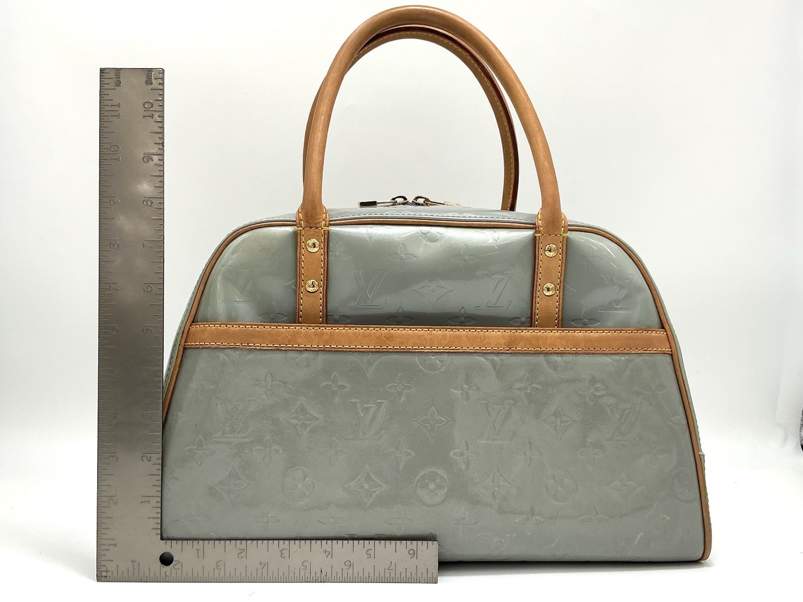 Louis Vuitton LV Monogram Tompkins Sq Vernis Patent Leather Gray Tote Bag + COA