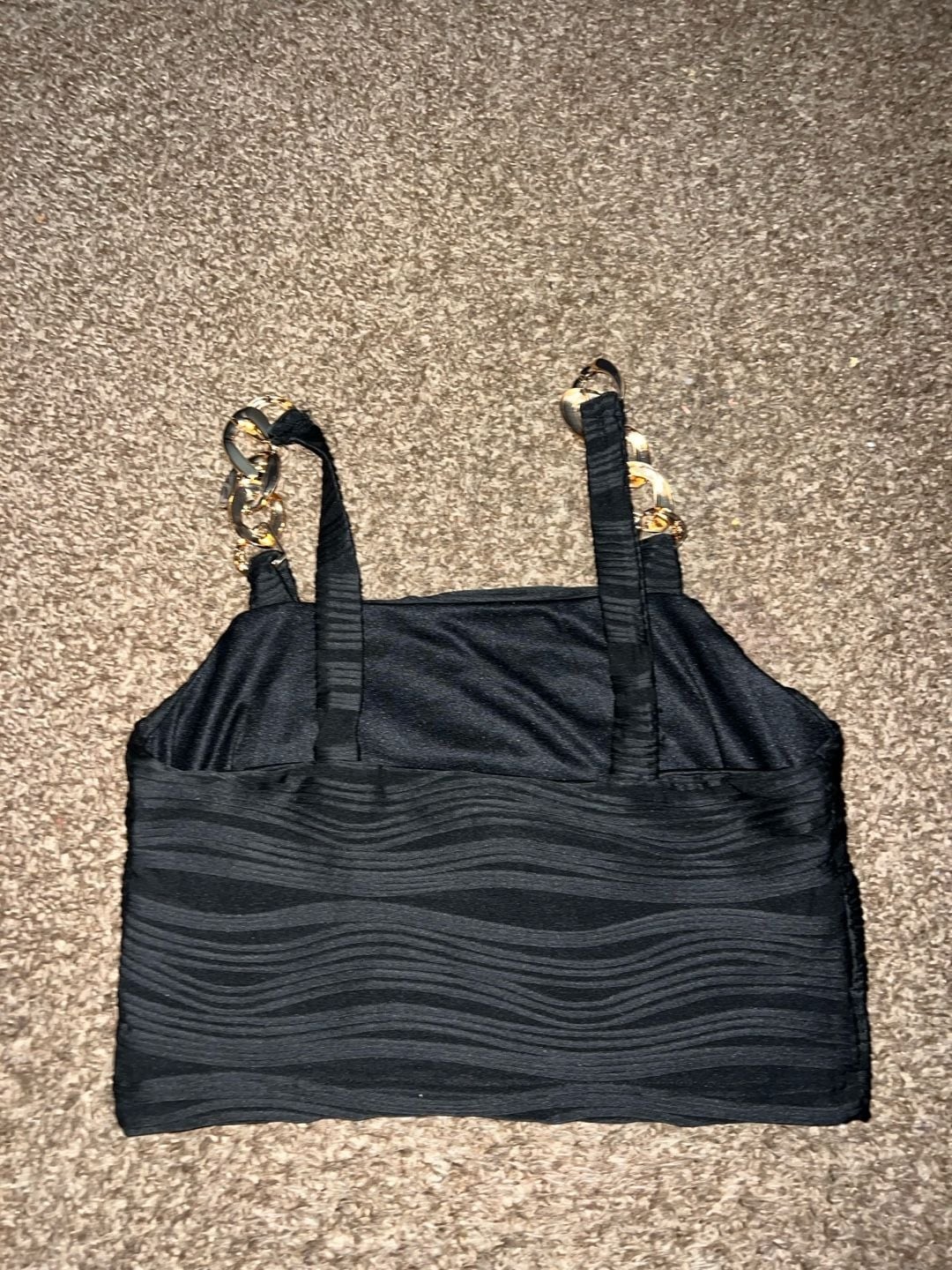 SHEIN Black Ribbed Wavy Texture Crop Top with Gold Chain Straps