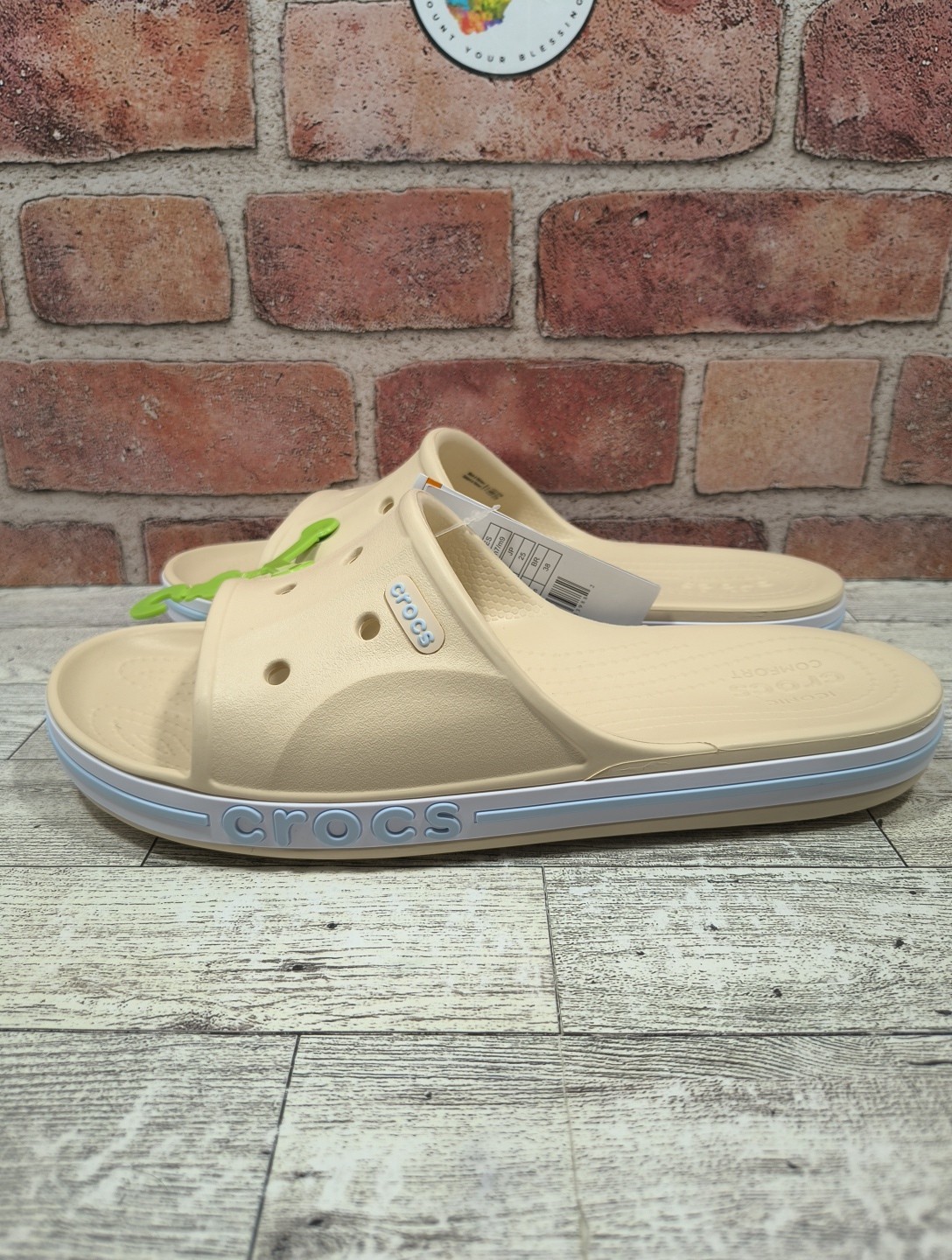 Crocs Bayaband Beige Raised Crocs Logo Unisex Slides Size M5/W7 205392-1LI NWT