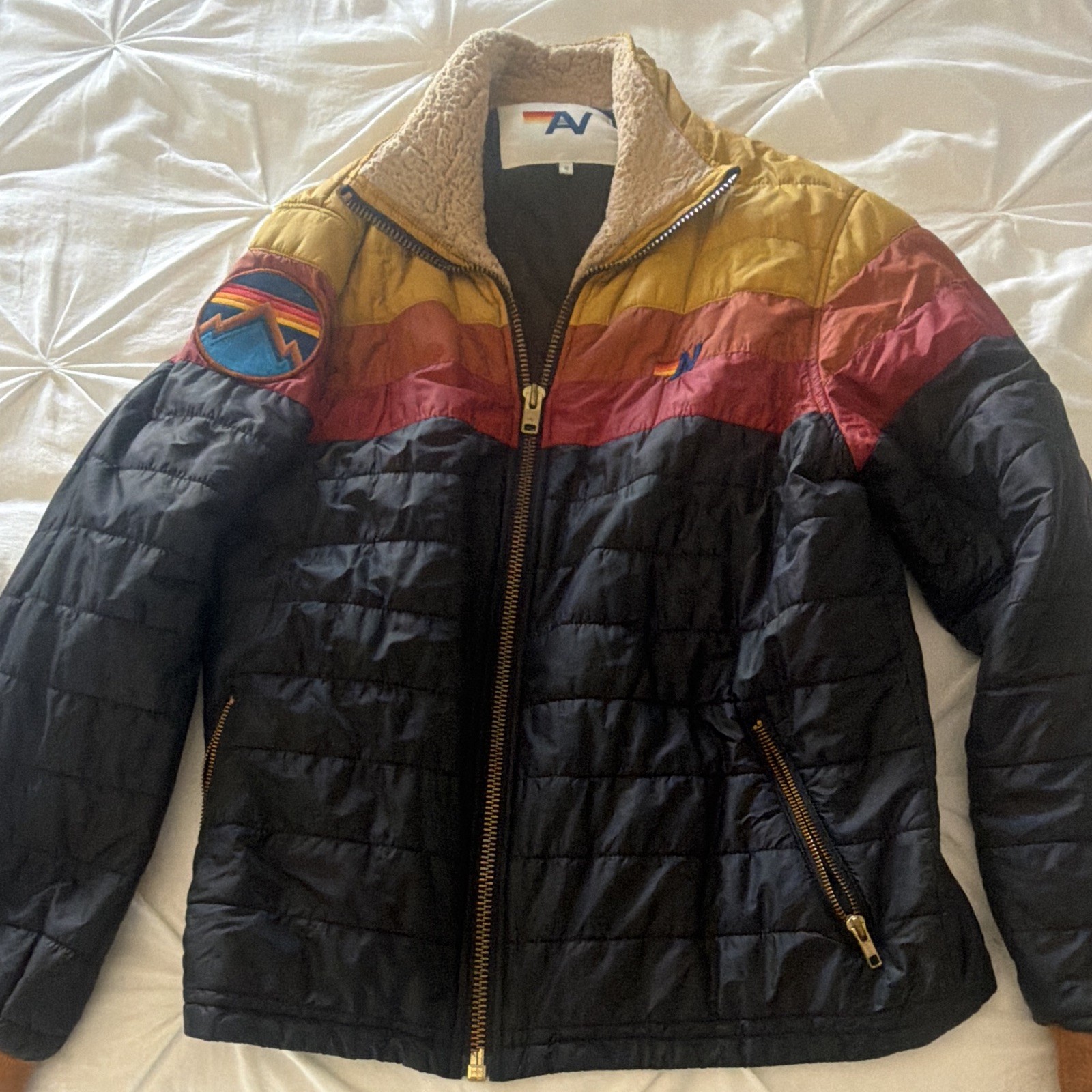 Aviator Nation unisex S Colorblock Puffer Jacket Full Zip Faux Shearling Collar