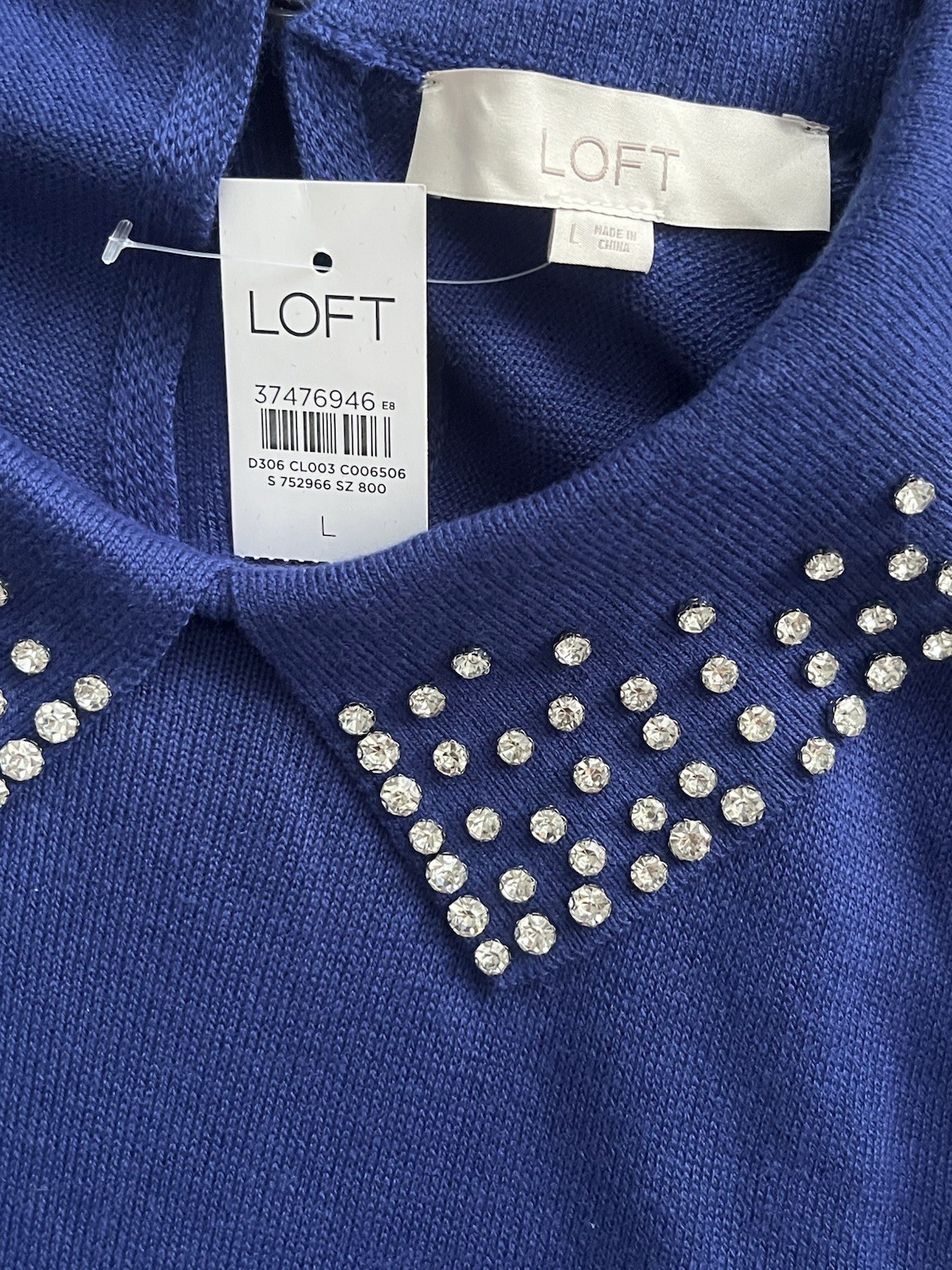 LOFT Royal Blue Rhinestone Embellished Peter Pan Collar Sweater Large