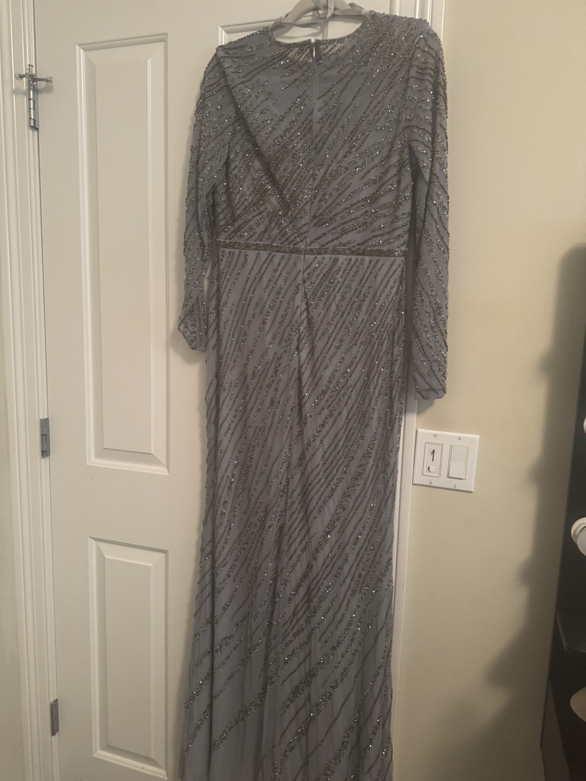 Mac Duggal Long Beaded Dress in Platinum with Gold Beads, size 10, $598