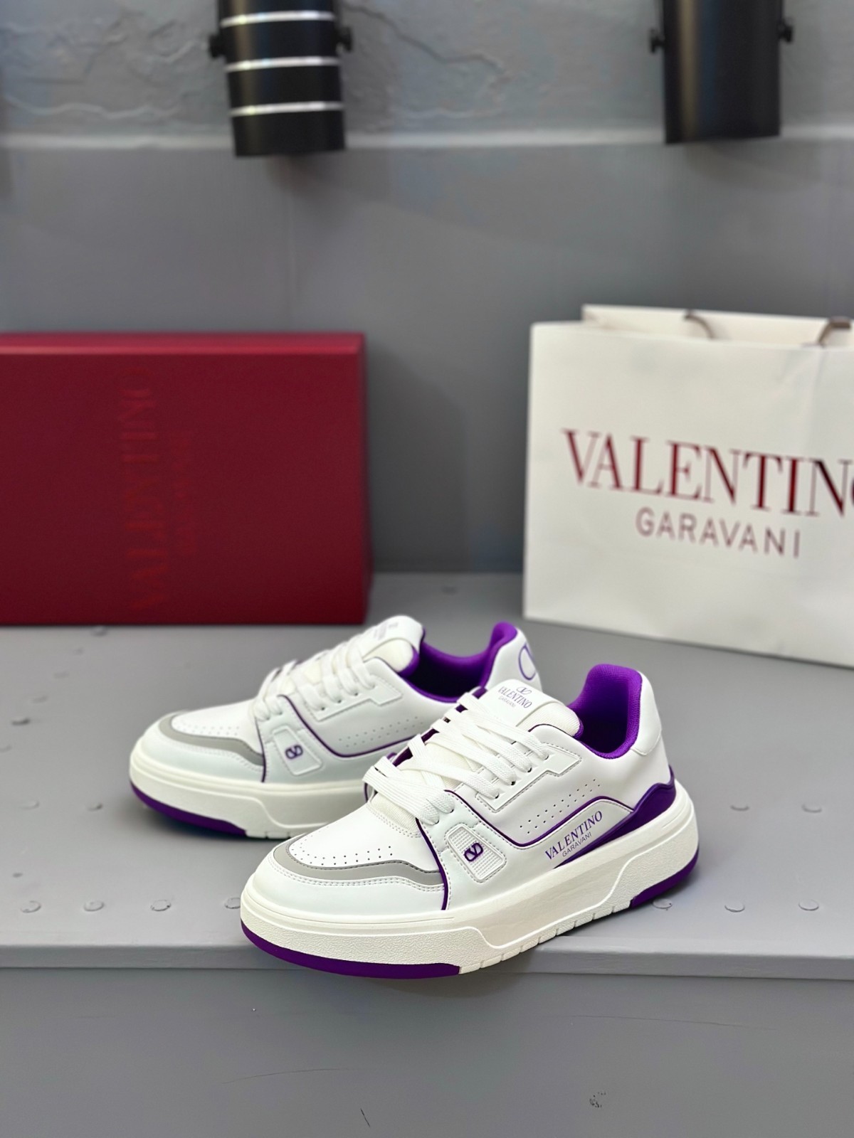 Valentino Platform Sneakers Calfskin Leather Casual Shoes Purple White New