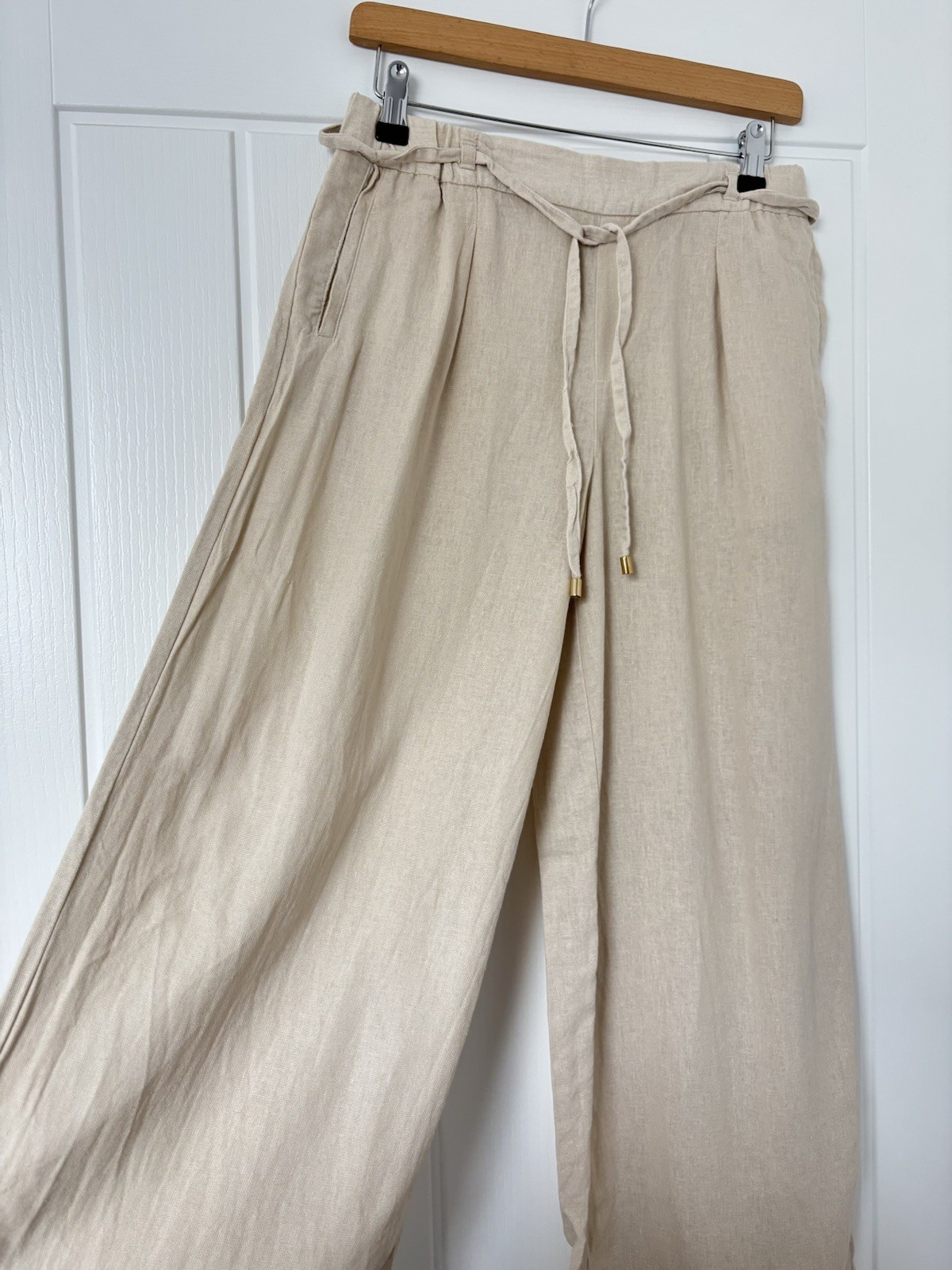Zara Beige Natural Ecru Linen Blend Wide Leg Trousers Pants Tie Xs Pockets High
