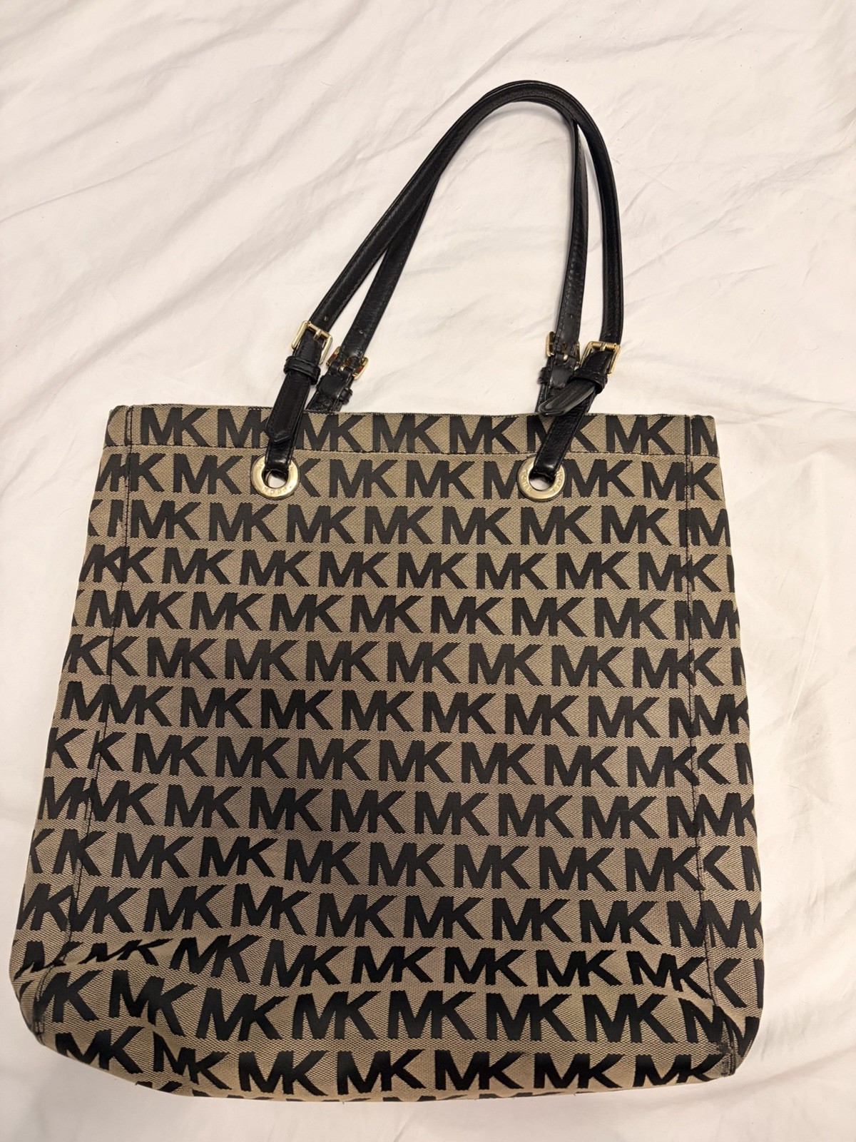 Michael Kors Logo Tote Beige Black, Gold Hardware, Double Handles, Pockets