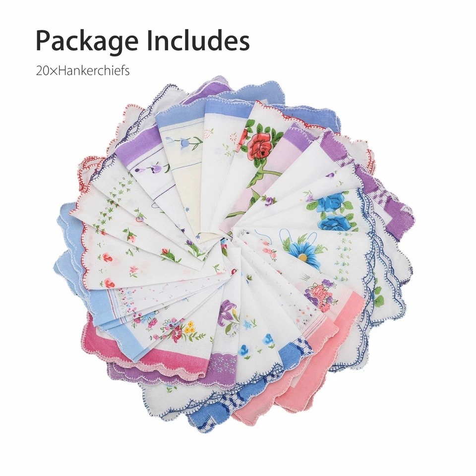 20PCS Women Vintage Floral Flowers Handkerchief 100% Cotton Square Hanky Ladies