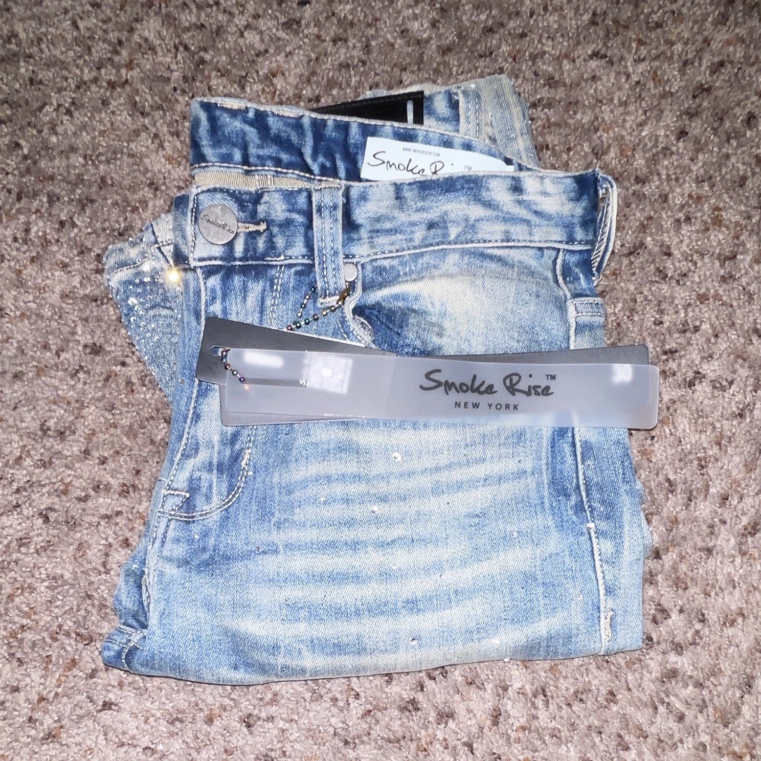 Smoke Rise Men’s Light Wash Blue Rhinestone Logo Stacked Flare Jeans