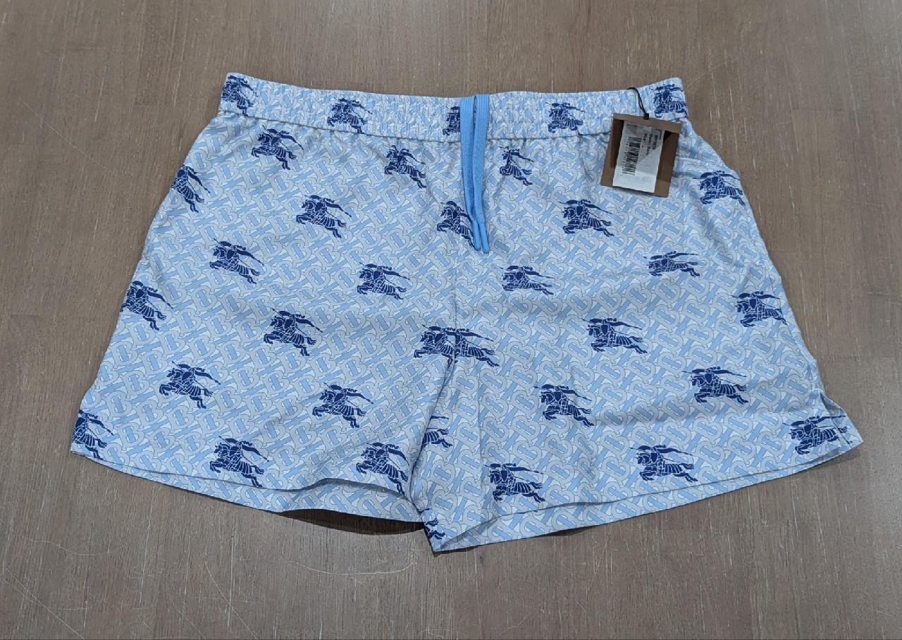 $1050 Mens Burberry Monogram Print Silk Shorts Light Blue/Navy Large
