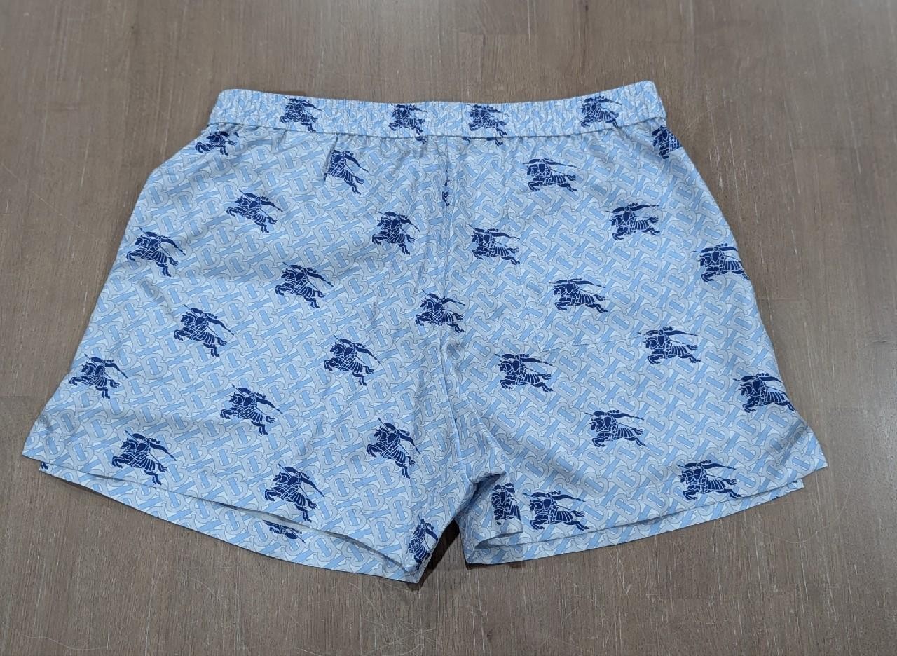 $1050 Mens Burberry Monogram Print Silk Shorts Light Blue/Navy Large