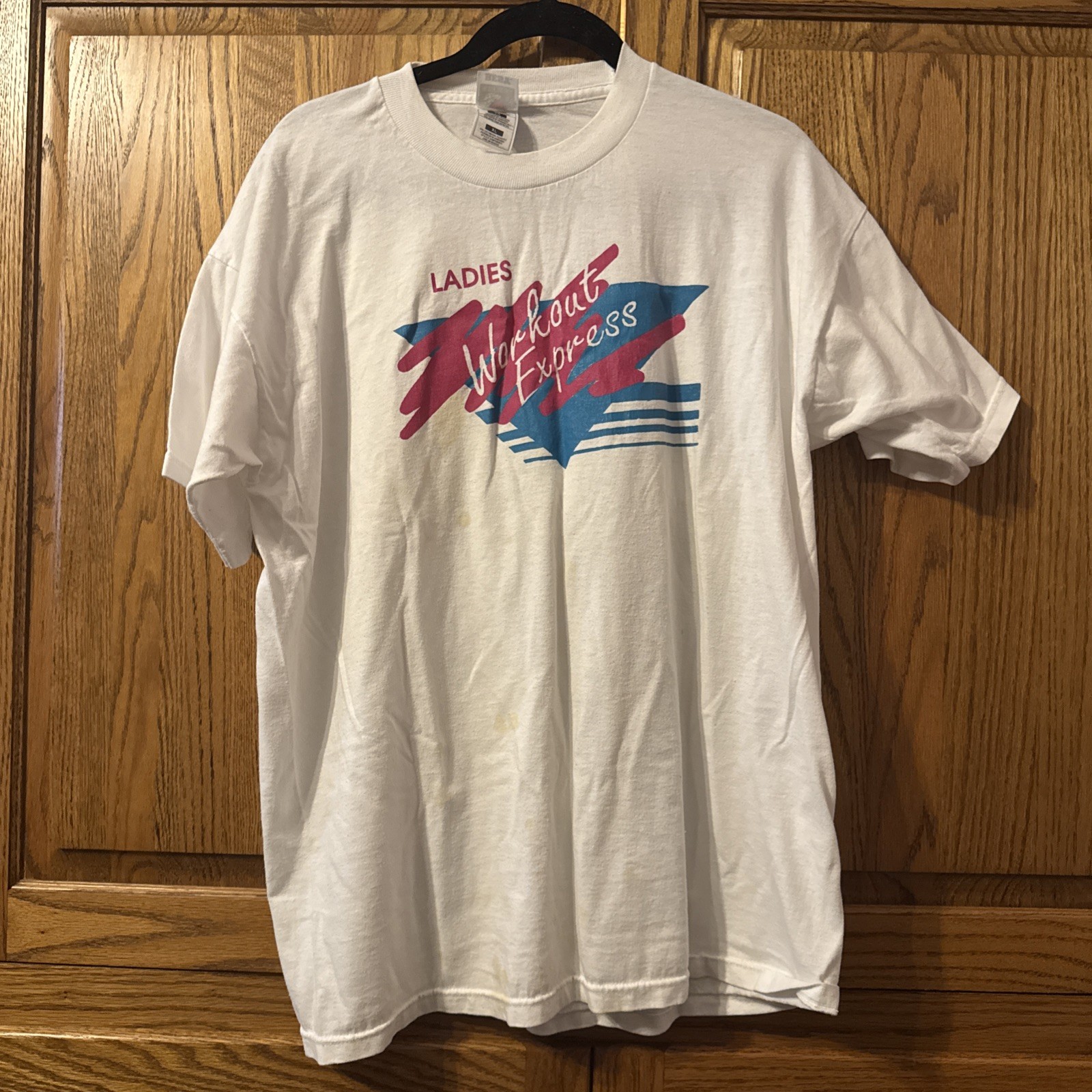 VTG 90s XL Ladies Workout Express T-Shirt Single Stitch Neon Gym 50/50 Hanes Tee