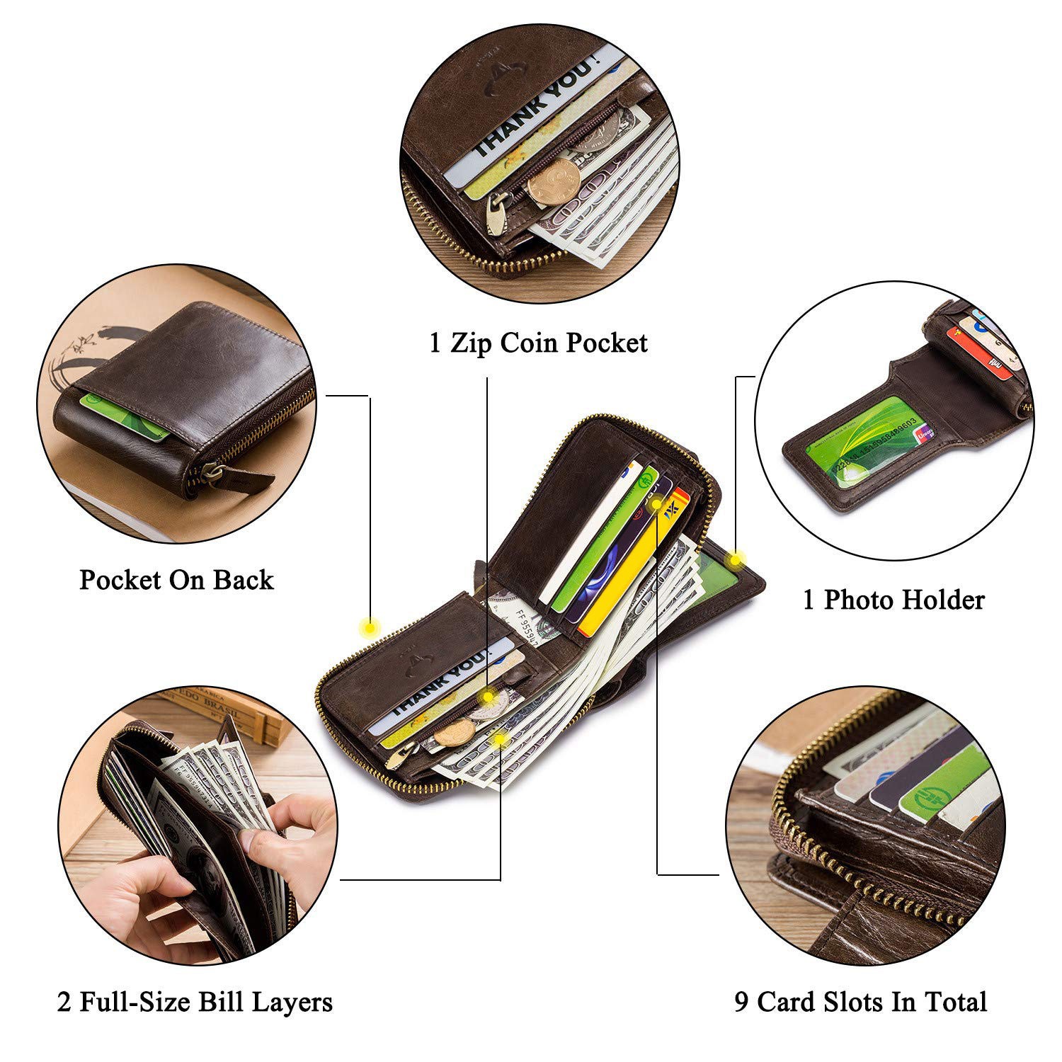 Mens Genuine Leather Bifold Wallet Around Zipper Credit ID RFID Card Holder US