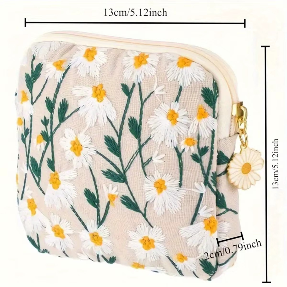 Daisy Embroidered Small Makeup Bag Floral Zipper Travel Pouch