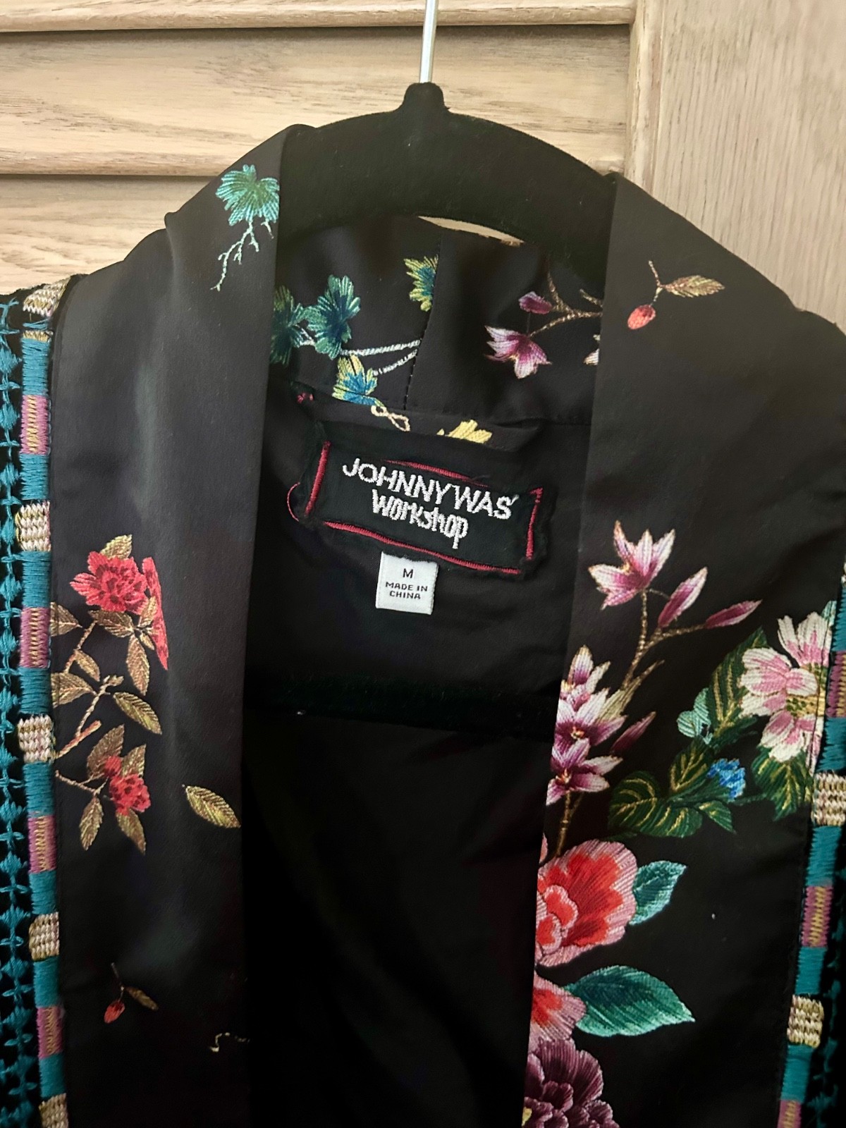 Johnny Was M Medium Black Velvet & Silk Kimono Cardigan Wrap Duster Jacket