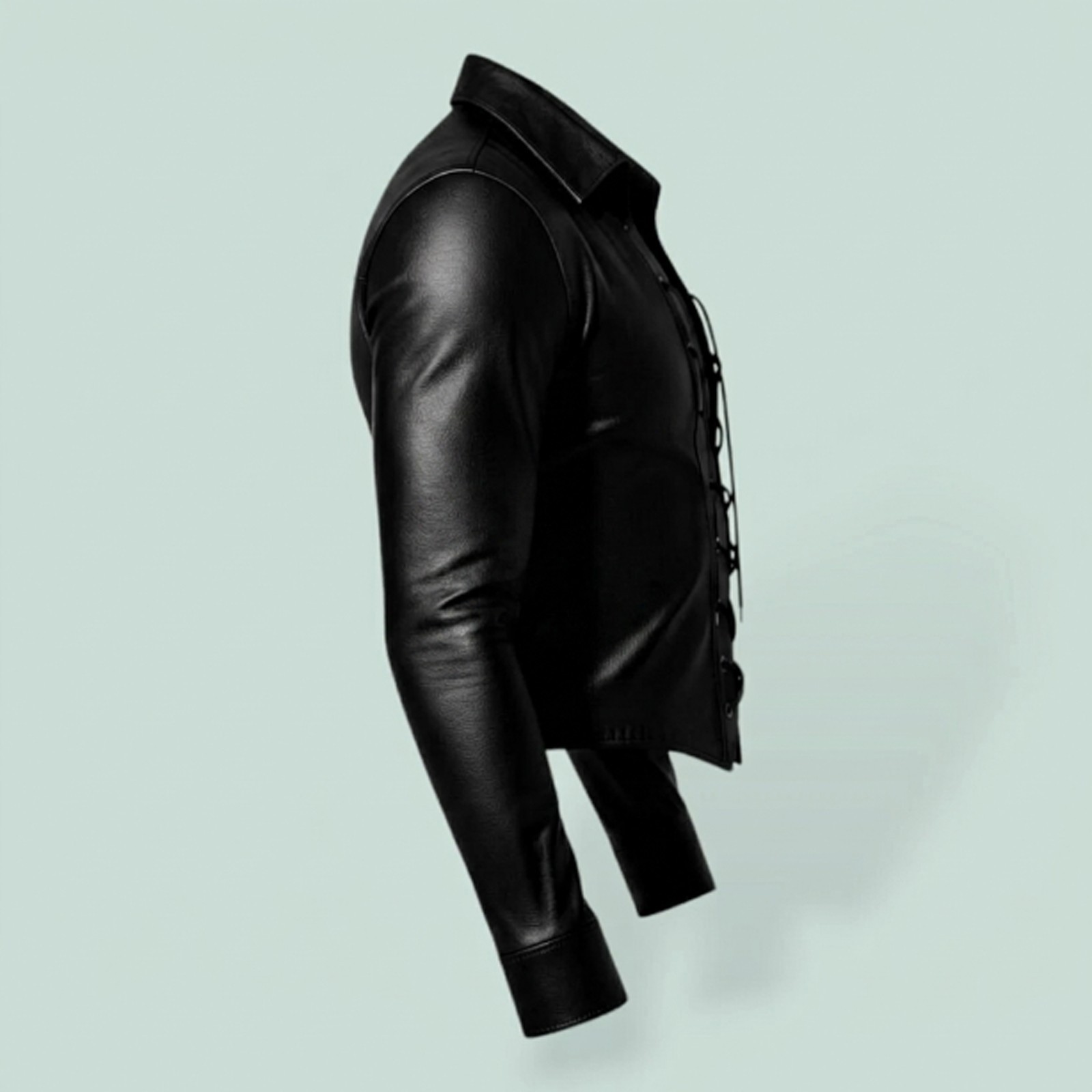 Men’s Gay Clubwear Top Orignail Lambskin Leather Lace-Up Shirt Slim Fit Black