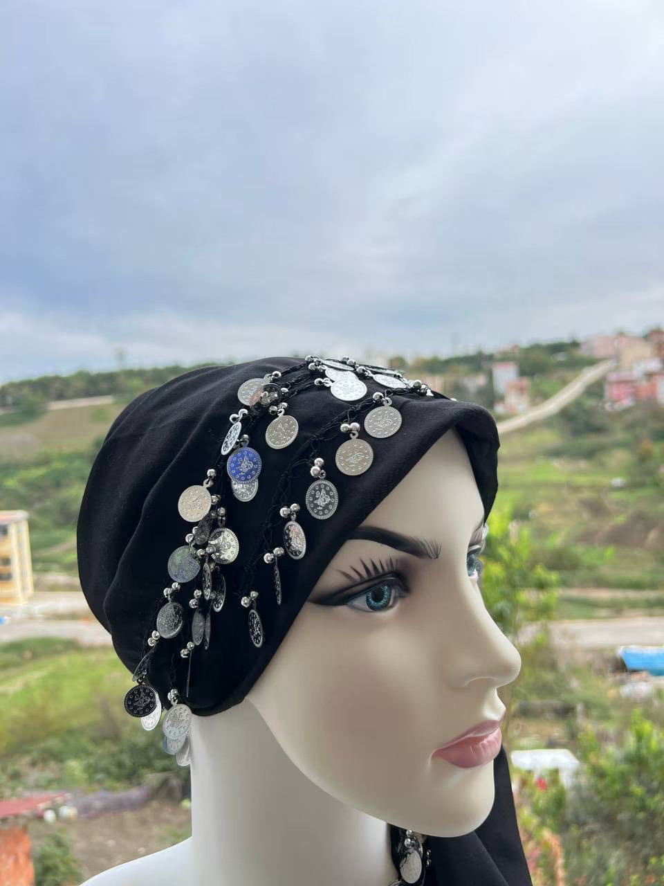 Hand Knitted Black Scarf Crochet Shawl with Silver Charms Handmade Unique