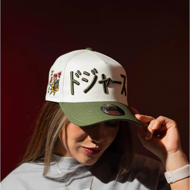 LA Dodgers Japanese Katakana Hat Cream Olive Green Two Tone Baseball Cap