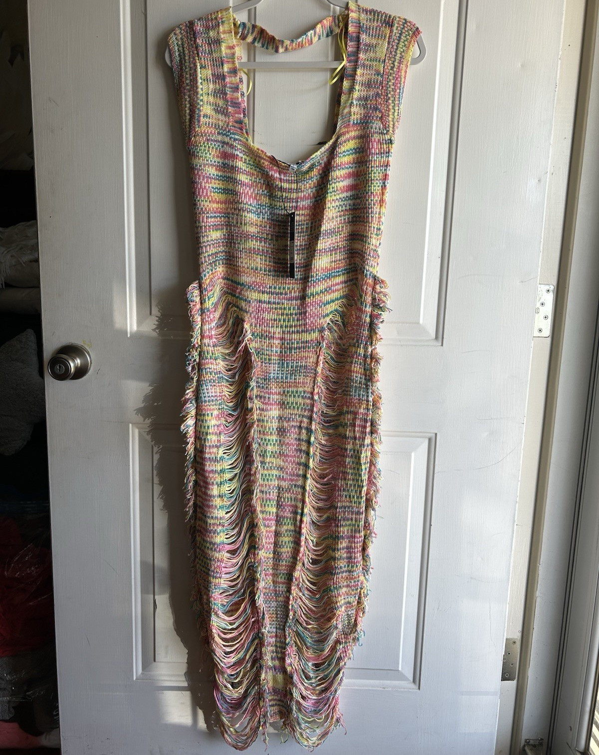 Fashion Nova Multicolor Nessa Knit Acrylic Fringe Maxi Square Neck L SD272