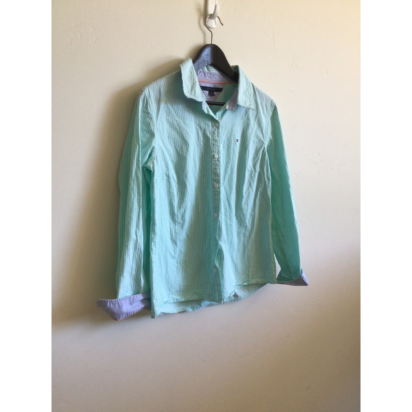 Tommy Hilfiger Women’s Large Mint Green Gingham Button Down Shirt 100% Cotton