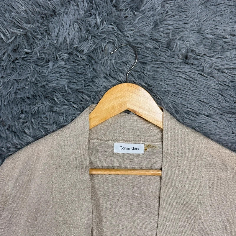 Calvin Klein Metallic Shimmer Open Front Cropped Cardigan Beige Medium M