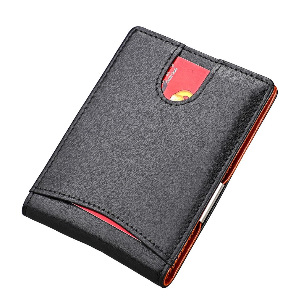Leather RFID Blocking Slim Black Unisex Wallet Short Two Fold Small Card Package