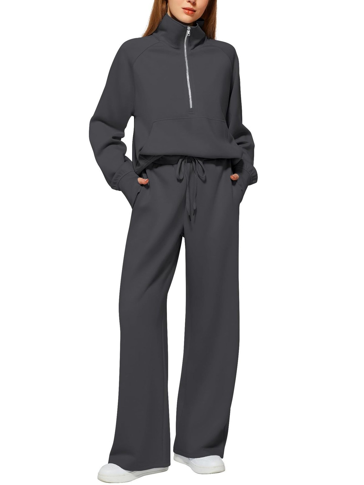 Woman Solid Color Half Zip Long Sleeve Sweatshirt And Wide Leg Pants Set Casual
