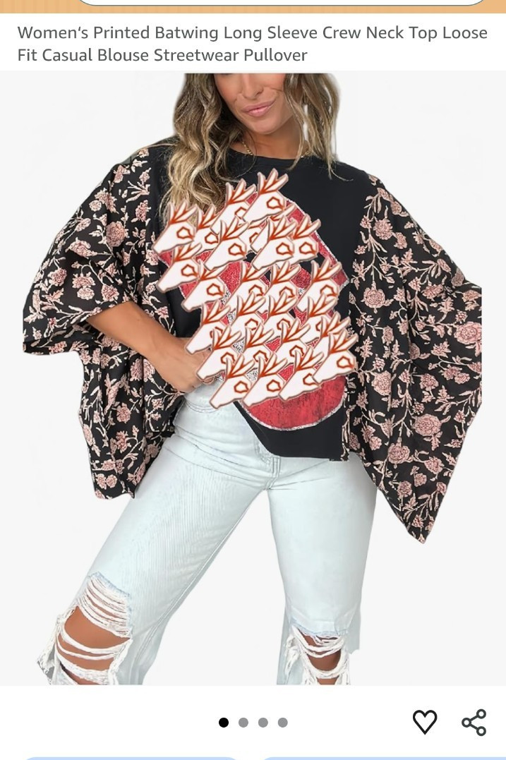 Women’s Black Floral Batwing/Dolman 3/4 Sleeve Crew Neck Graphic Top OS