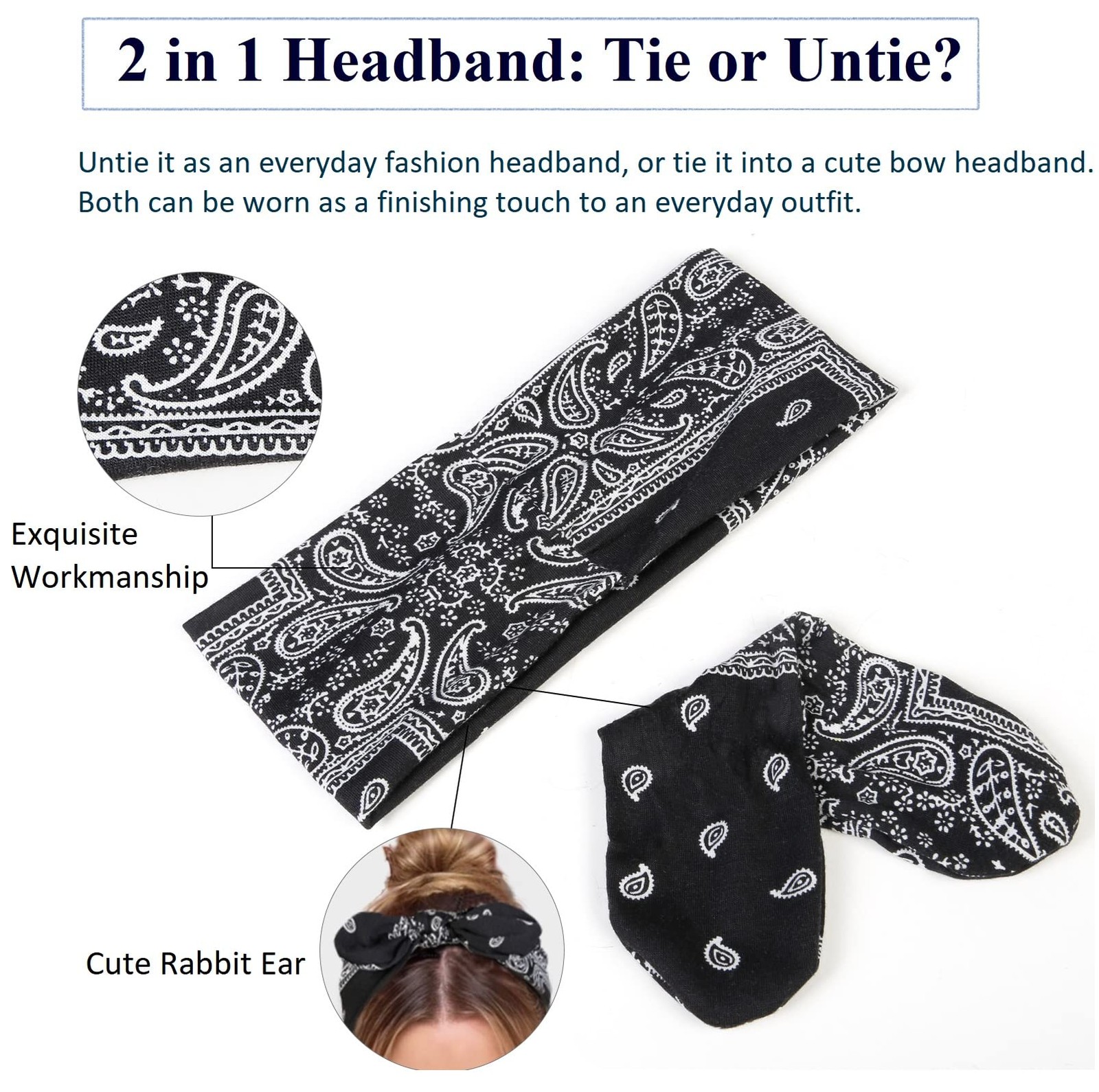 Boho Paisley Bandana Headbands for Women, NonSlip Wide Bow Headwraps 6 Pack