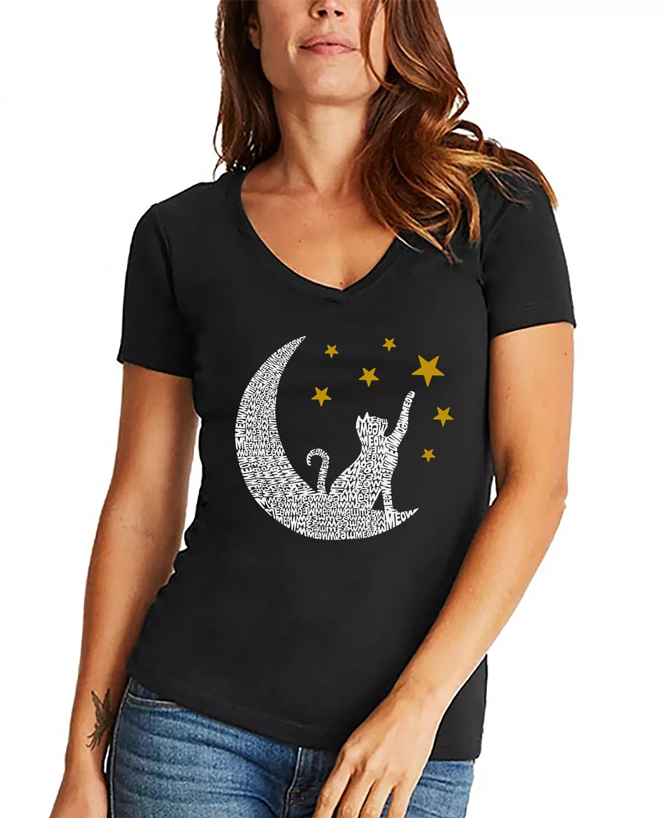 La Pop Art X1050 Women’s Word Art Cat Moon V-Neck T-Shirt – Black 2XL