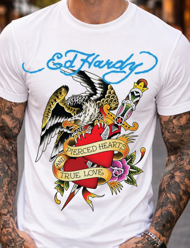 Men’s White Ed Hardy Eagle Dagger Graphic T-Shirt Retro Tattoo Style Concert Tee
