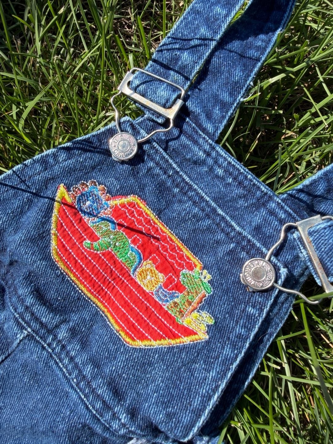 Vintage “Mon Petit” Noah’s Ark Bubbliest Bubble Denim Shortalls, 2T Toddle