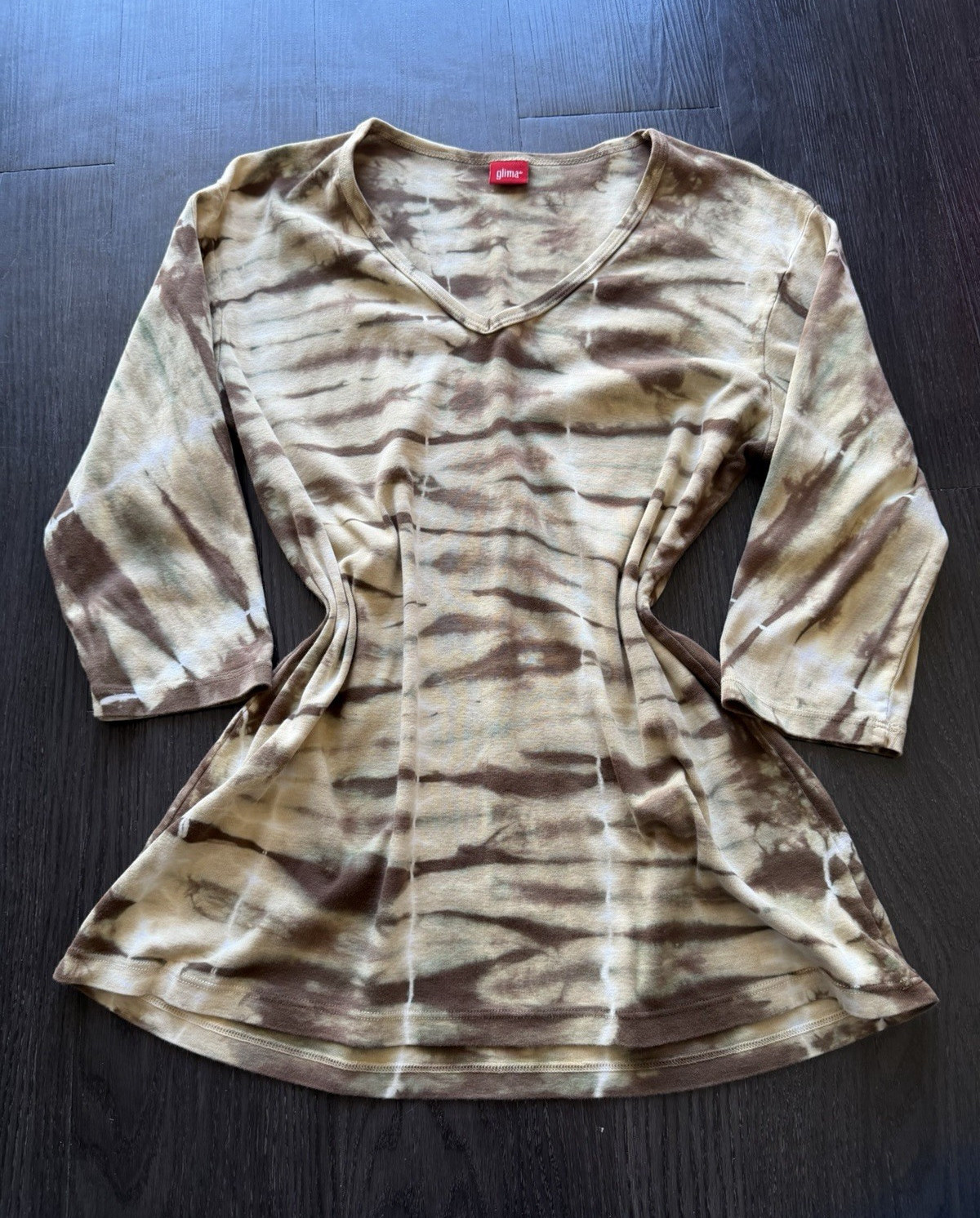 Glima Women’s XL Brown/Beige Tie-Dye V-Neck 3/4 Sleeve Cotton Tunic Top