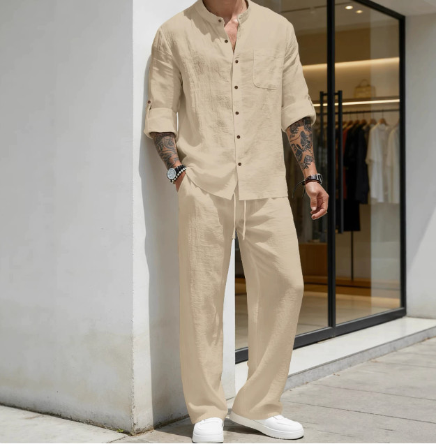 Mens 2-Piece Linen Blend Outfit Set Long Sleeve Henley Shirt and Pants Casual