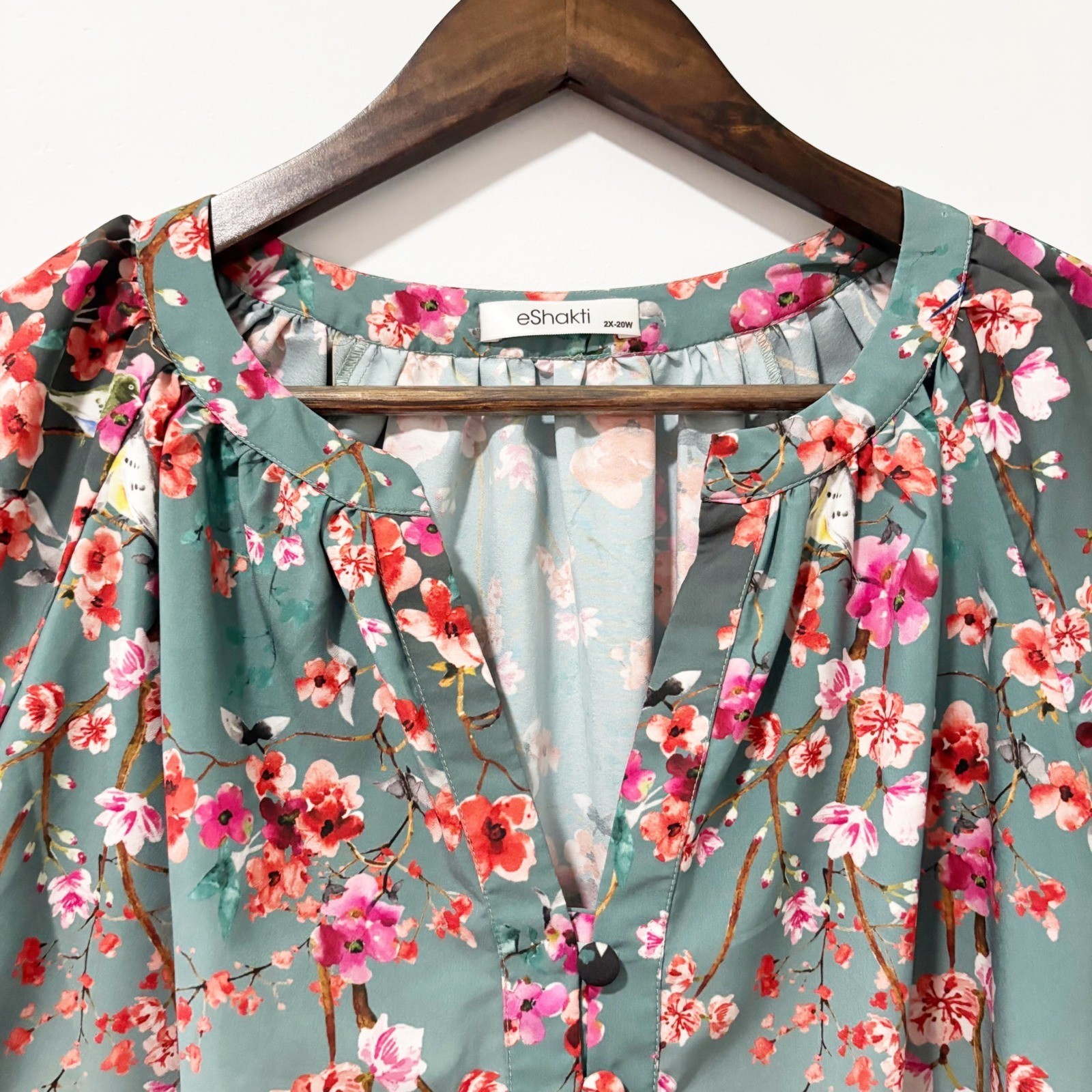 eShakti Womens 2X 20W Floral Bird Ombre Blouse Sage Green Pink Short Sleeve Top