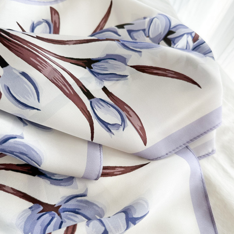 100% Silk Mulberry 35” Scarf For Women Neckerchief Wrap Flower branches Print