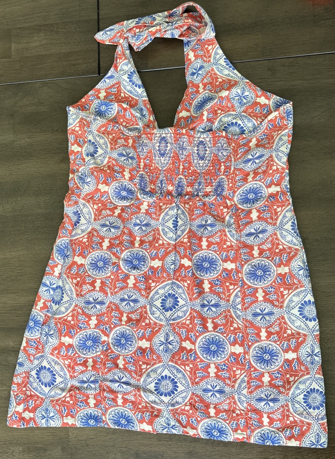 Maeve Anthropologie Halter Dress Size M Button Front Linen Blend Tie Neck Preppy