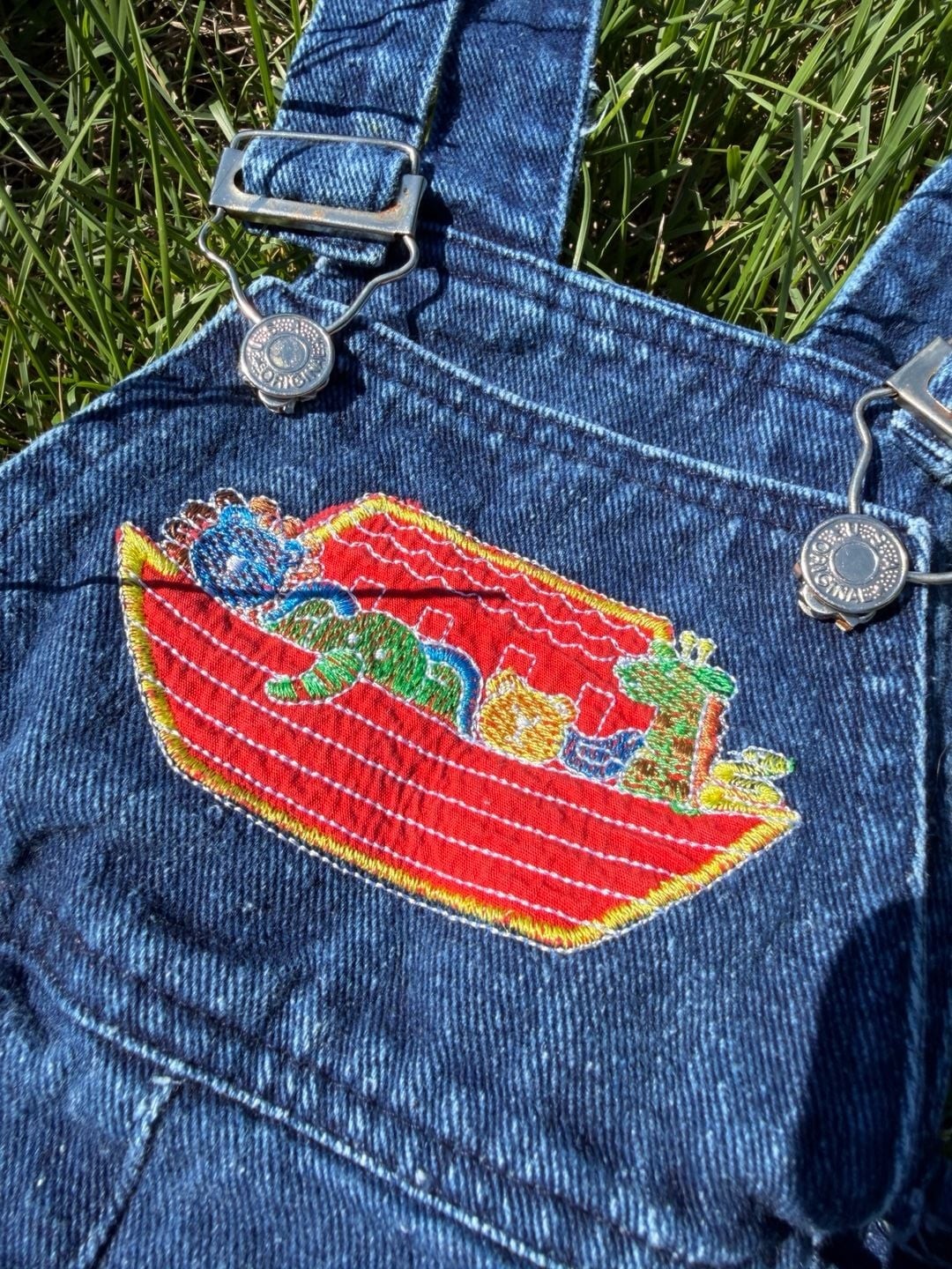 Vintage “Mon Petit” Noah’s Ark Bubbliest Bubble Denim Shortalls, 2T Toddle