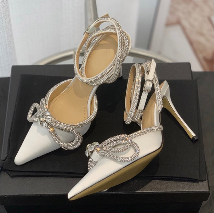 Women Rhinestone Ankle Strappy Pumps Bowknot Pointed Toe Stilettos Glitter Shoes