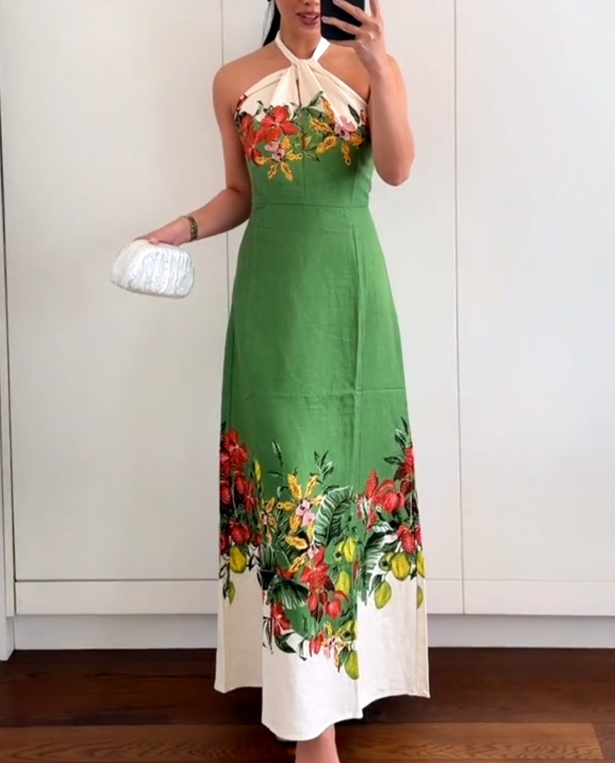 NWT H&M Linen-blend Halterneck Dress Green/flowers 1329753001 Sizes S, M, L