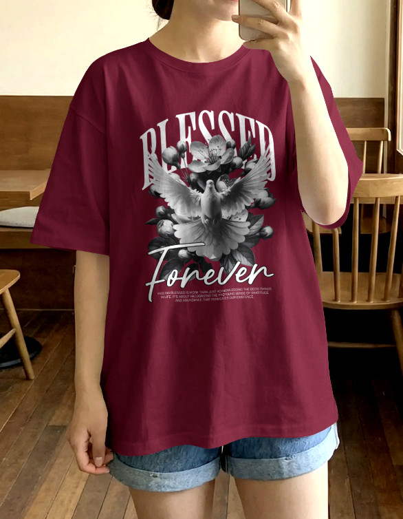 Women’s Christian T Shirt Blessed Forever, M, Faith, Jesus, God, Maroon, Dove