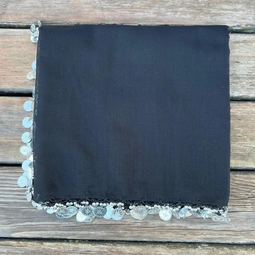 Hand Knitted Black Scarf Crochet Shawl with Silver Charms Handmade Unique