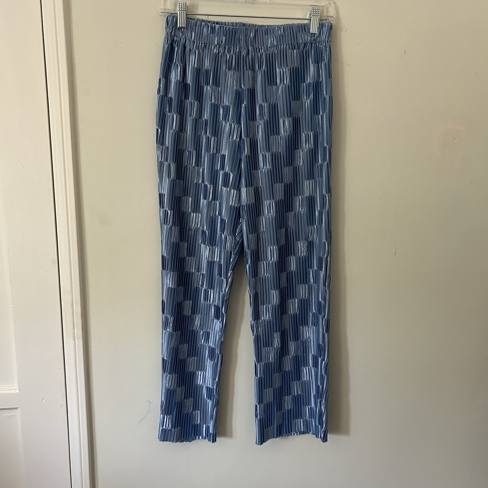 SHEIN Blue Checkered Pleated Elastic Waist Pants