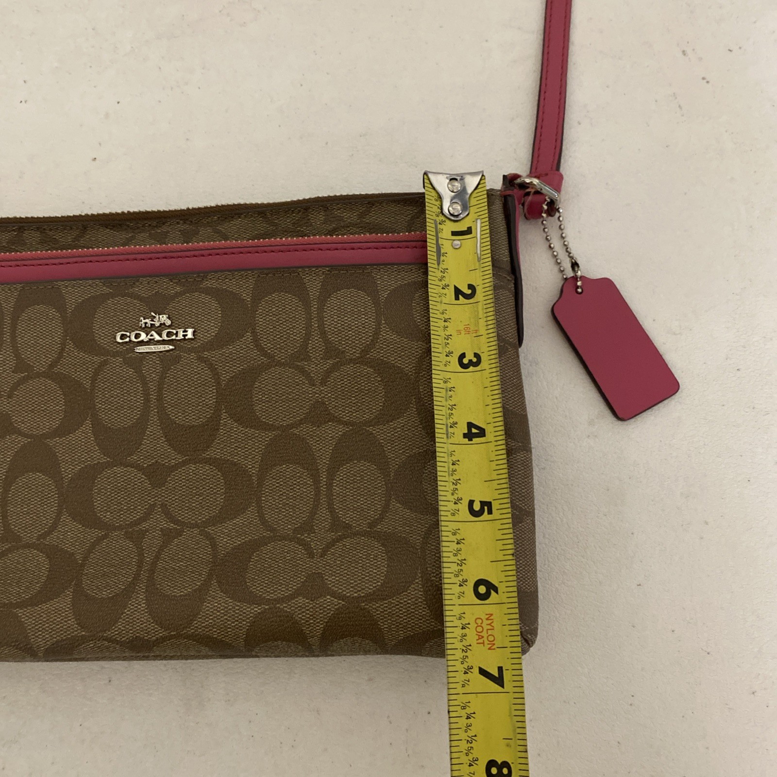 COACH EAST/ WEST POP CROSSBODY BAG IN KHAKI w/ PINK DETAILS & PINK ZIP WALLET